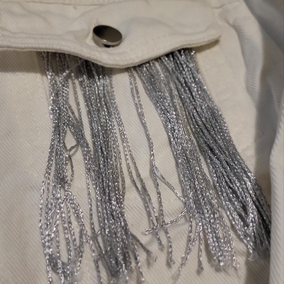 White and Silver Fringe Cropped Denim Jacket - Picture 6 of 11